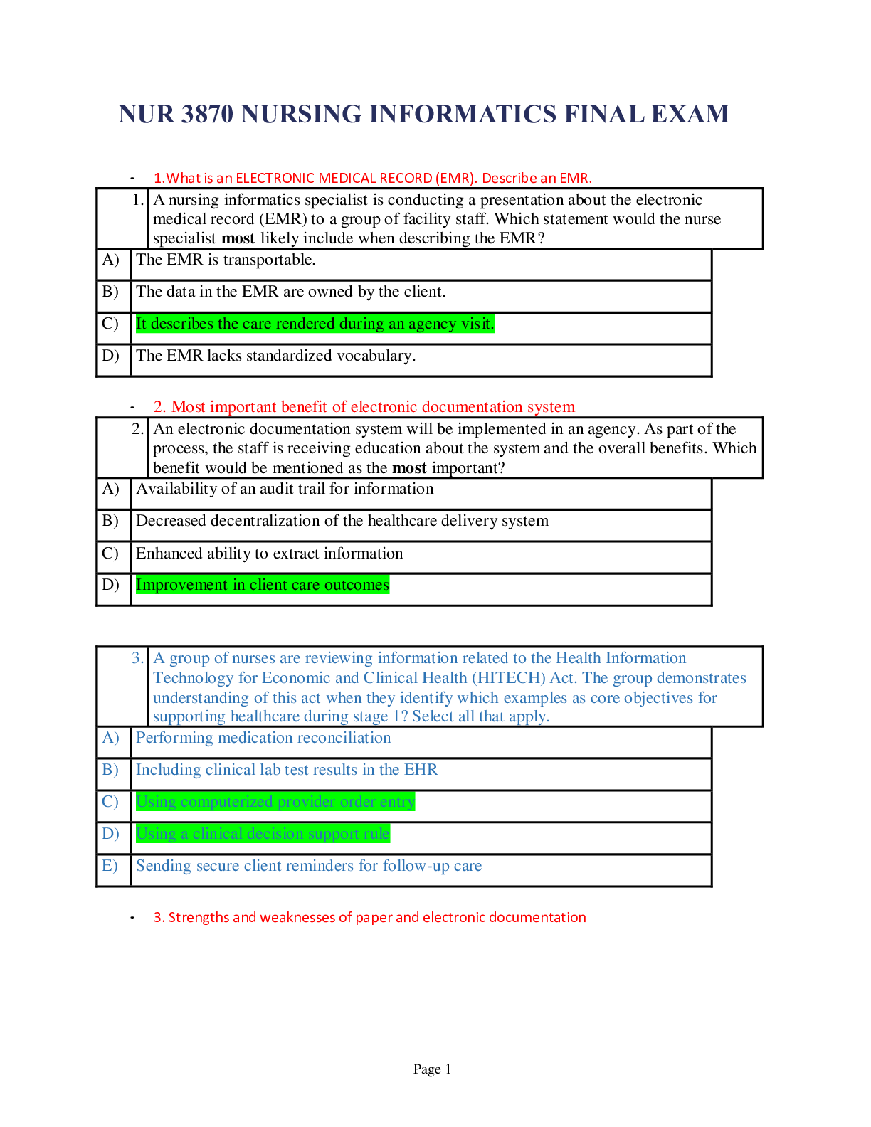 NUR 3870 - NURSING INFORMATICS FINAL EXAM CHAPTERS 18-24 | Graded A